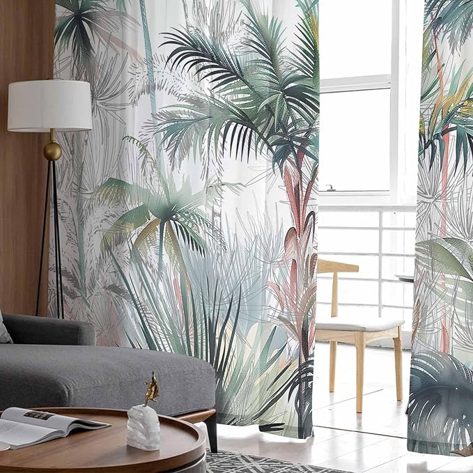 Teal Green Palm Tree Sheer Curtains 72 Inch Length 2 Panels Set for Living Room/Bedroom, Semi Curtain Sheers Drapes Rod Pocket Window Curtains 52x72x2 Summer Tropical Coconut Plant Modern White
