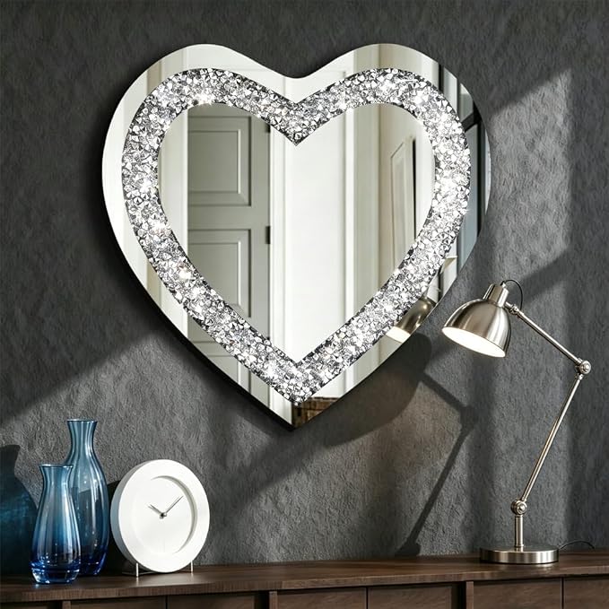 DMDFIRST Crystal Crush Diamond Heart Shaped Silver Mirror for Wall Decoration 20x20x1 inch Wall Hang Frameless Mirror Acrylic Diamond Décor.