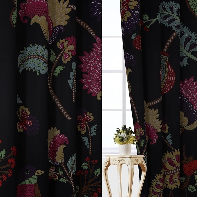 Estelar Textiler Bird and Floral Blackout Curtains for Bedroom,Boho Colorful Flowers Grommet Thermal Insulated Room Darkening Window Curtains for Living Room,52Wx102L Inches, 2 Panels