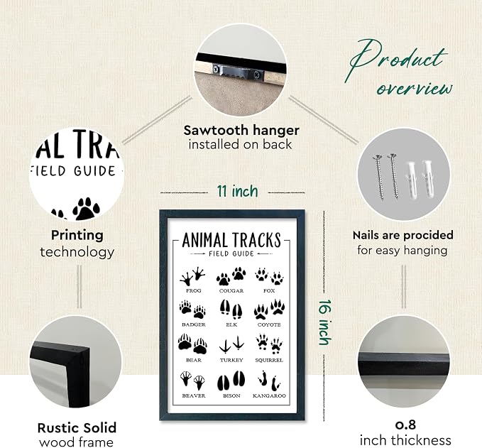 YWJKWLGS Animal Tracks Field Guide Wall Art, 11x16 Framed Kids Room Decor | Wildlife Poster, Rustic Kids Room Decor