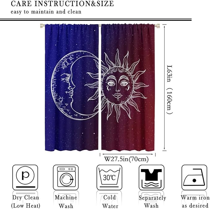 Sun Moon Blackout Windows Curtains, Burning Sun Moon Red Blue Cosmic Galaxy Bohemian Curtains, for Living Room Bedroom 55x63in 2 Panels