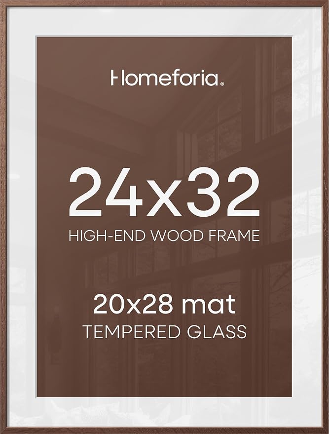 Homeforia Brown Picture Frame 24x32, High End Dark Oak 24x32 Large Wooden Poster Frame with Mat 20x28, 24 x 32 Walnut Wood Frame Matted to 20 x 28, 32x24 Thin Frame, Tempered Glass, Wall Kit, Set of 1