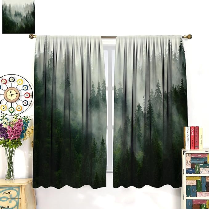 Forest Curtains, Nature Green Spring Foggy Mountain Peaks Vibrant Forest Plants Trees Window Treatments Drapes for Kids Boys Girls Living Room Bedroom 42x45in（No Blackout）