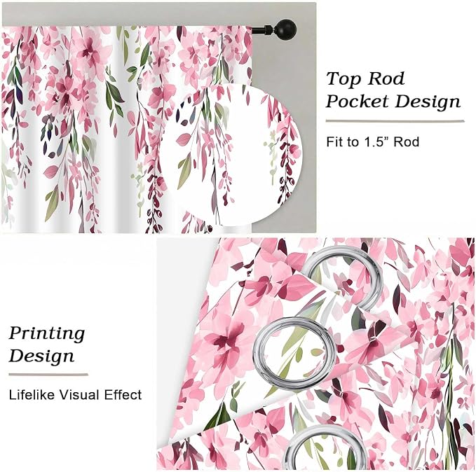 Pink Watercolor Floral Curtains, Botanical Leaves Vine Flowers Curtain, Rustic Farmhouse Flower Leaf Blackout Window Treatment Drapes for Bedroom Living Room 42x90 inch, 2 Panels
