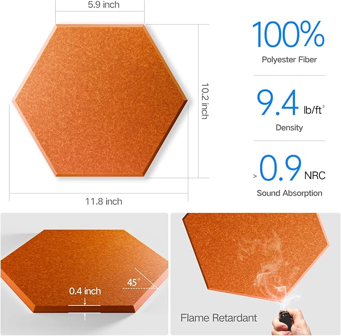 8 Pack Self-Adhesive Acoustic Panels 12" X 10" X 0.4" - Sound Proof Foam Panels for Wall with High Density, Hexagon Design, Flame Resistant, Absorb Noise and Eliminate Echoes(Tangerine)