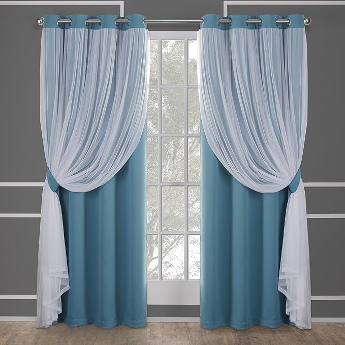 TOWN & COUNTRY LUXE Talia Double Layer Indoor Curtains, Sheer and Room Darkening Blackout, Grommet Top, Energy Efficient, 2-Pack Set, 52"x84", Turquoise