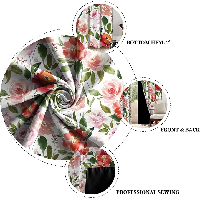 Renaiss Watercolor Flowers Curtains Rose Peony Floral Print Blackout Window Curtain Panels Thermal Insulated Grommet Top Window Curtains for Living Room Bedroom 29W x 55L Inch 2 Panel Set
