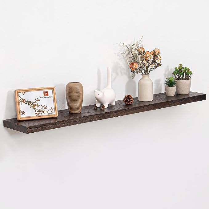 Fun Memories 48" Floating Shelves for Wall, Rustic Solid Elm Wood Floating Shelves - Invisible Bracket Mount, Extra Long Wall Mounted Shelf for Living Room, Bathroom, Bedroom, Kitchen, Walnut