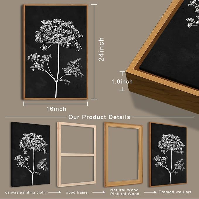 BINCUE Framed Botanical Wall Art Black Grey and White Plant Floral Art Prints Flowers Wall Decor Black Artwork White Floral Wall Pictures Botanical Paintings for Living Room Bedroom Office Farmhouse 3 Panel 16x24 Inches