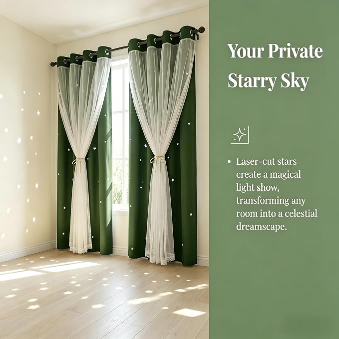 Star Cutout Blackout Curtains Double Layer Curtains with Durable Sheer Curtains for Bedroom Thermal Insulated Window Treatment Set with 2 Free Tiebacks (52W x 63L 2 Panels Dark Green)