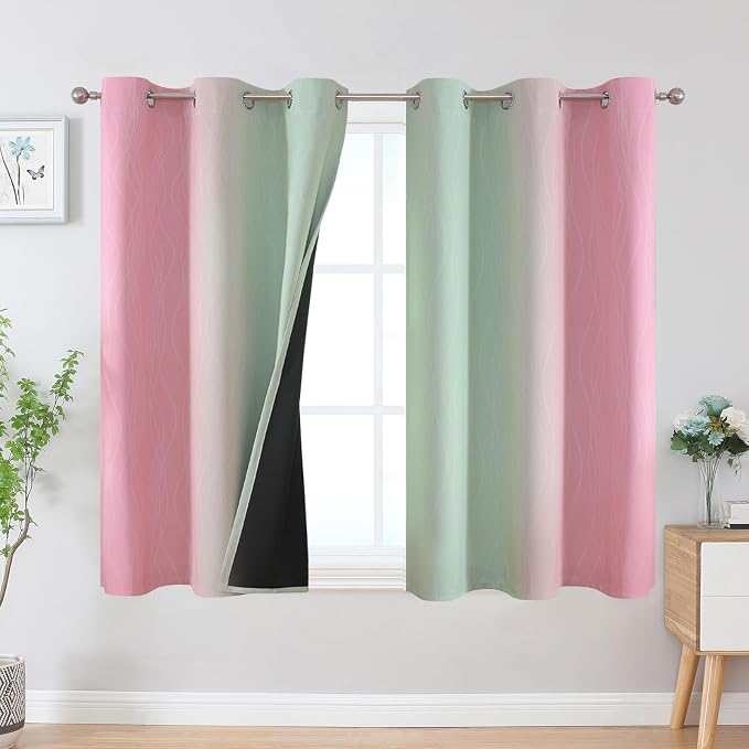 Estelar Textiler Pink and Sage Green Ombre Blackout Curtains 45 Inch Length 2 Panels, Full Room Darkening Gradient Drapes for Bedroom, Thermal Insulated Grommet Short Curtains for Bathroom, 42Wx45L