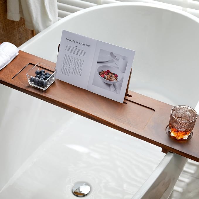 Walnut Bathtub Tray Caddy - 35" Wide Adjustable for Freestanding Tubs, Non-Slip Phone/Wine Holder