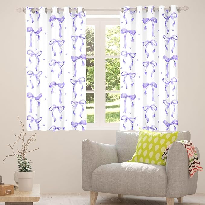 Feelyou Girls Bow Curtains for Bedroom Living Room Purple Bowknot Blackout Shades Dreamy Princess Room Darkening Curtain Coquette Aesthetic Window Treatments, 2 Panels 42 x 63 Inch Cute Decor