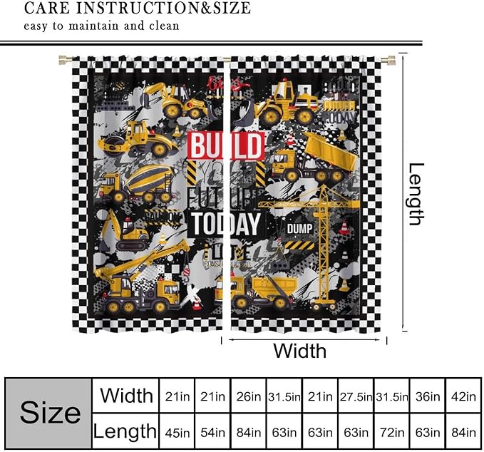 Cartoon Car Blackout Curtain,Boys Kids Construction Vehicles Truck Black White Checkered Window Curtains Kitchen Bedroom Cafe Dining Room Office Living Room Drapes, 55x63 in