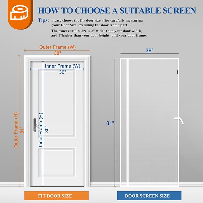 MAGZO Magnetic Screen Door, Fits 36'' x 80'' Door(Mesh Size 38'' x 81''), Left Right Side Opening, Scratch-Proof Polyester, Pet&Kids Friendly, Keep Annoying Creatures Out, Enjoy Sunshine, White