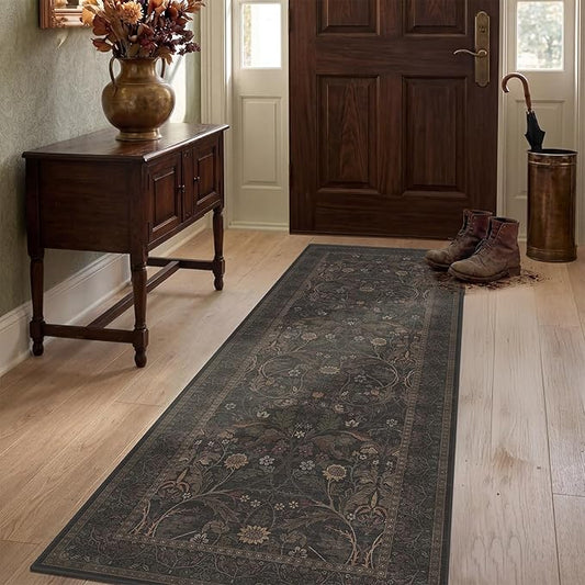 2x5 Small Runner Rug for Kitchen - Non Slip Brown Throw Rugs for Entryway, Laundry, Bathroom, Southwestren Floral Cabin Bedroom, Hallway Thin Stain Resistant Carpet