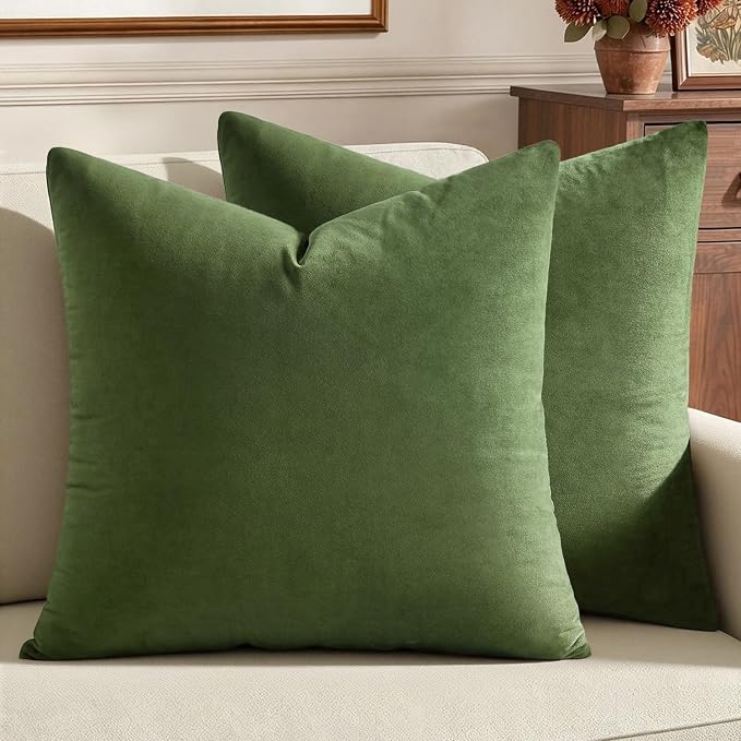 MIULEE Velvet Throw Pillow Covers 20x20 Inch, Pack of 2 - Moss Green, Soft Solid Decorative Pillow Covers Cushion Cases Modern Luxury Home Decor for Spring Couch Sofa Bedroom Livingroom