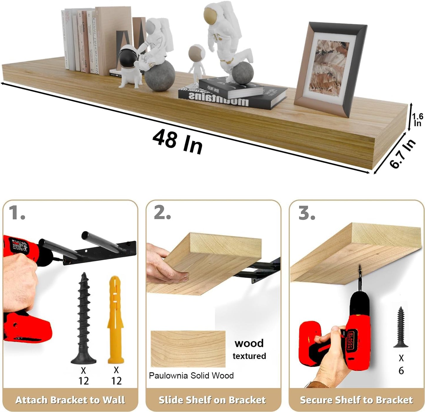 IAE Floating Wall Shelves 48 inch,Bathroom Shelves Wall Mounted,Invisible Shelves Floating Kitchen Shelves,Wooden Wall Shelves with Brackets for Living Room Wall Mounted,Easy Install,Set of 2,Natural