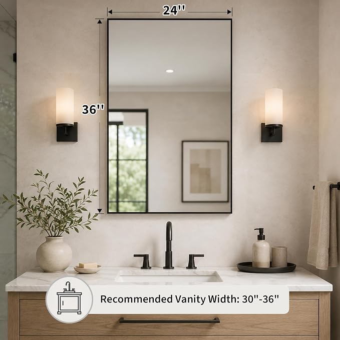 24"x36" Matte Black Framed Rectangle Bathroom Vanity Wall Mirror | Over-Sink Vanity Mirror, Slim Metal Frame, Entryway or Dresser Use, Vertical/Horizontal Mount, Tempered Glass