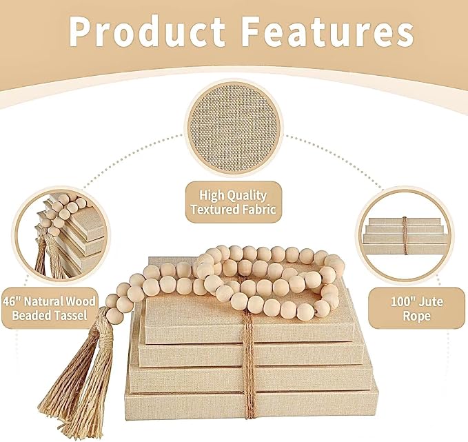 Linen Covered Decorative Books 4 Pieces, Neutral Home Decor Coffee Table Books with Wooden Beaded Tassel, Stacked Books for Rustic Farmhouse Modern, Boho, Bookshelf, Fireplace Mantel Décor, Beige