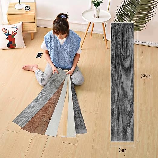 Peel and Stick Floor Tile Natural Wood Grain Appearance Self Adhesive Waterproof Fire Prevention and Scratch Prevention Suitable for Kitchen Bedroom Office (French Grey, 36PCS)
