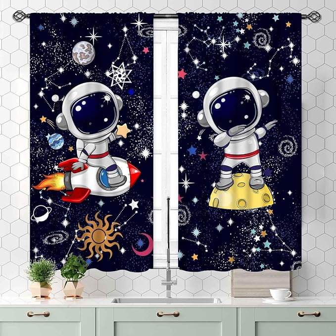 Galaxy Curtains, Cartoon Astronaut Universe Outer Space Star Planets Blackout Window Drapery Treatments for Kids Boys Bedroom Living Room Nursery Playroom 2 Panels, 55x39 Inch