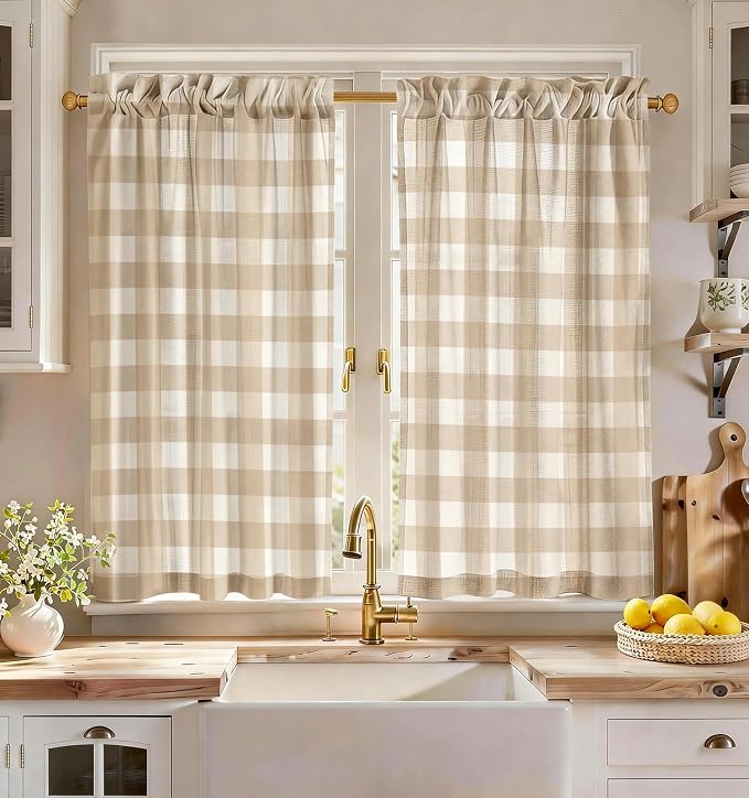 Miss Adola Farmhouse Kitchen Tier Curtains - 45 Inch Length Linen Blend Cafe Curtains Yellow Plaid Small Window Treatments Over Sink Rod Pocket for Bathroom Living Room Light Filtering, 2 Panels