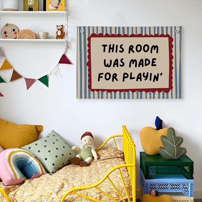 Playroom Decor Wall Banner "This Room Was Made For Playin'" 20x30 Inch - Nursery Canvas Art, Kids Bedroom Hanging, Linen Toddler Play Area Sign, Children's Canvas Flag Decor - Vintage