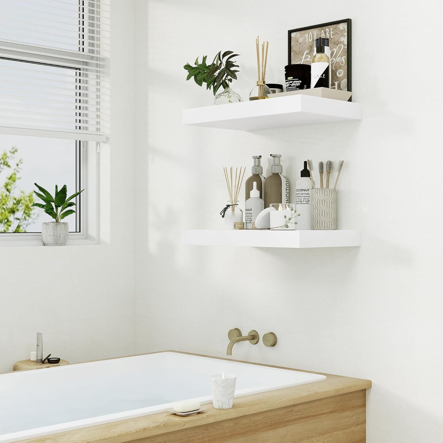 Heimlove 12" Deep White Floating Shelves for Wall, 24 Inch Wall Shelf Bathroom Shelves Set of 1, Wall Mounted Shelves for Books Living Room Laundry Room Bedroom Kitchen Home Office