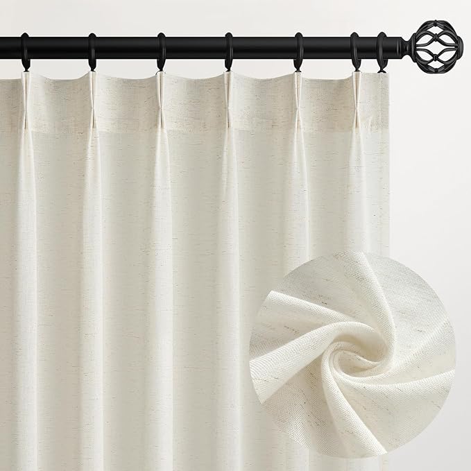 Topfinel Natural Pinch Pleated Linen Curtains 84 Inch Length 1 Panels for Bedroom Living Room Textured Cream Semi Sheer Window Curtain Boho Neutral Back Tab Pinch Pleat Drape with Hooks 84 Inches Long