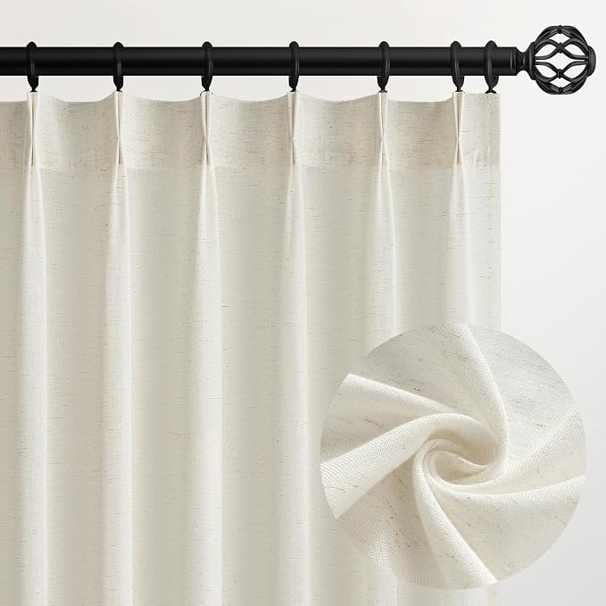 Topfinel 105 Inch Curtains 2 Panels Set,Two Packs Pinch Pleat Back Tab Linen Window Semi Sheer Privacy Thick Decorative Curtain Drapes for Living Room Bedroom,40x105 in Long,Ivory/Natural