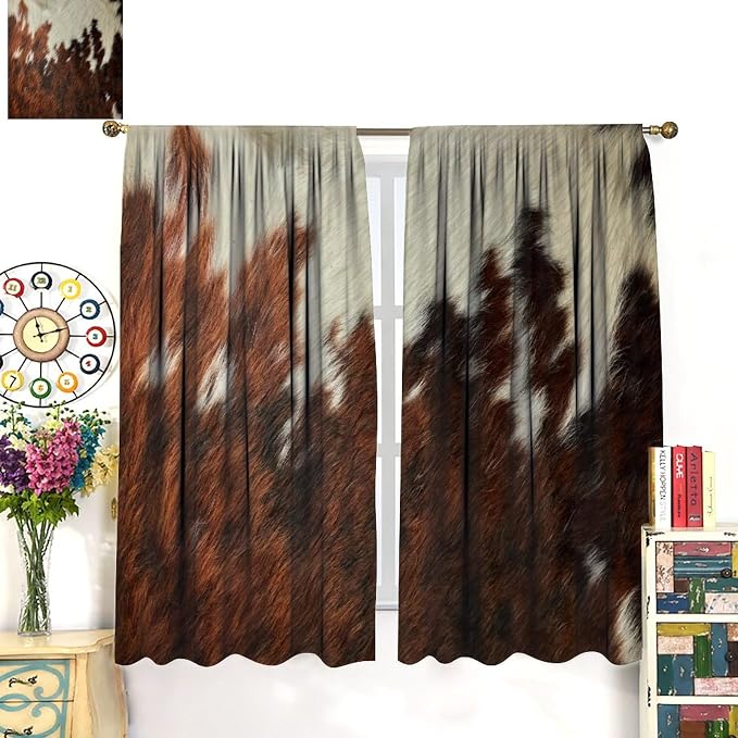 Cow Print Blackout Curtain,Animal Fur Skin Brown White Cowhide Western Rustic Farmhouse Window Treatments Rod Pocket Curtain for Bedroom Living Room Kitchen Decor Drapes 52x84in