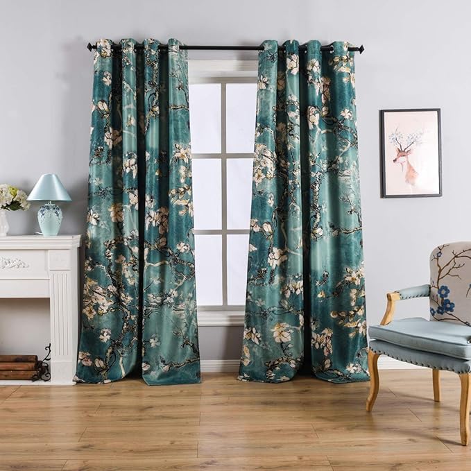 Taisier Home Chinese Style Plum Blossom Curtain Green Artistic Print Curtains 95 Inches Long for Living Room,Personalized Pattern Curtains Bedroom Window Treatment Curtains 2 Panels Set
