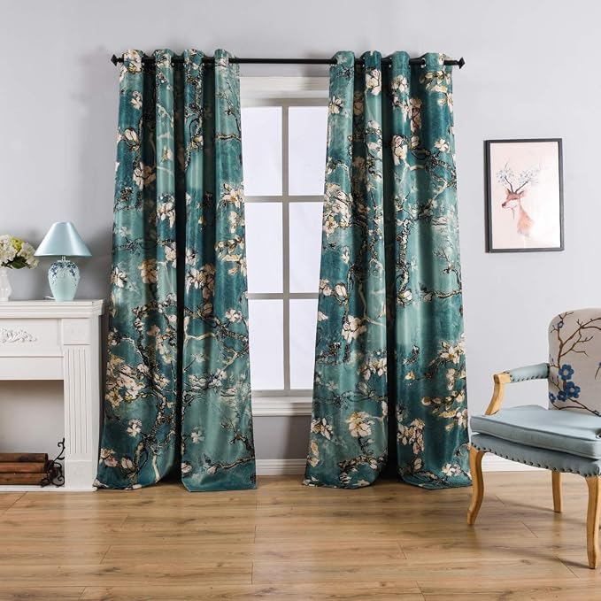 Taisier Home Chinese Style Plum Blossom Curtain Green Artistic Print Curtains 72 Inches Long for Living Room,Personalized Pattern Curtains Bedroom Window Treatment Curtains 2 Panels Set