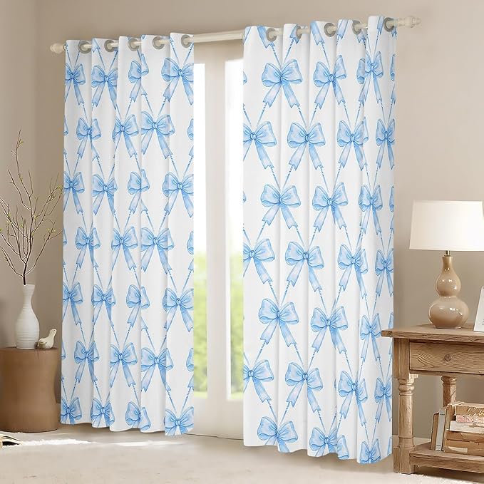 Feelyou Blue Bow Curtains for Bedroom Living Room (2 Panels, 52 x 63 Inch) Cute Bowknot Room Darkening Blackout Curtain Boys Girls Kawaii Blackout Curtains Bow and Stripes Window Treatments