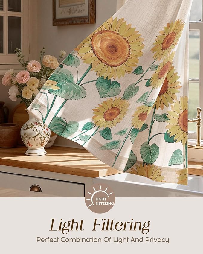 Miss Adola Sunflower Kitchen Tier Curtains - 24 Inch Length Linen Blend Farmhouse Cafe Curtains Floral Small Window Treatments Over Sink Rod Pocket for Bathroom Living Room Light Filtering, 2 Panels