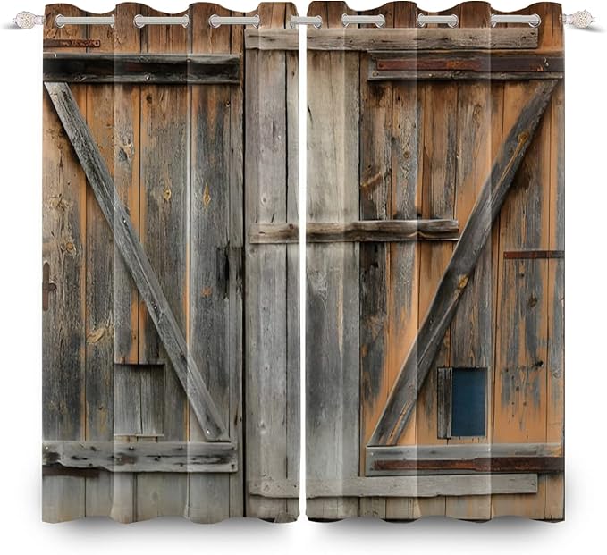 Old Grey Wood Barn Door Window Curtains American Rustic Garage Door Curtains Vintage Wooden Door Window Drapes Wood Planks Rural Style Native Farmhouse Bedroom Treatment,42x84 inch,2 Panels