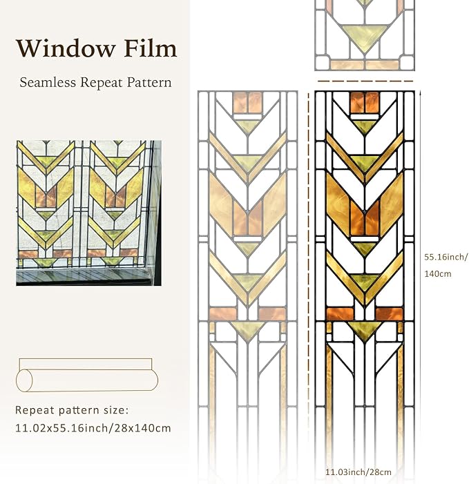 Faux Stained Glass Effect Transparent Window Film, Original Hand Drawn Static Cling for Sidelight Door Glass Decor Inspired by Frank Lloyd Wright, 11.02" x55.12" Martin House, Boho