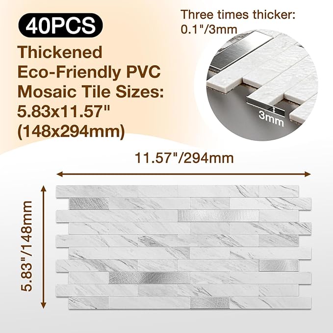 Peel and Stick Backsplash Tile Waterproof Removable PVC Wall Sticker 3D Faux Stone Marble Brick White Accent Panels (White Marble - Metal Silver, 40 Tiles - 18 sq. ft. (1.68 m²)
