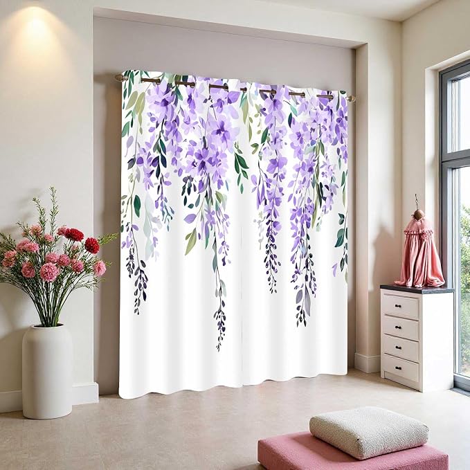 Purple Watercolor Floral Curtains, Botanical Leaves Vine Flowers Curtain, Rustic Farmhouse Flower Leaf Blackout Window Treatment Drapes for Bedroom Living Room 52x96 inch, 2 Panels