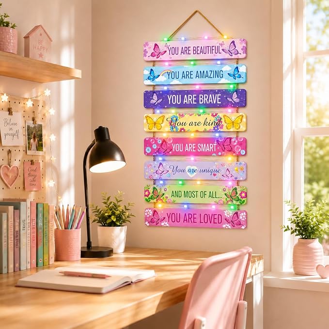 Cute Butterfly Room Decor Set of 8 with Led Light for Teen Girls Kids Toddler, Pink Inspirational Butterfly Wood Nursery Wall Decor for Bedroom, Dreamy Cozy Chic Motivational Princess Room Decor