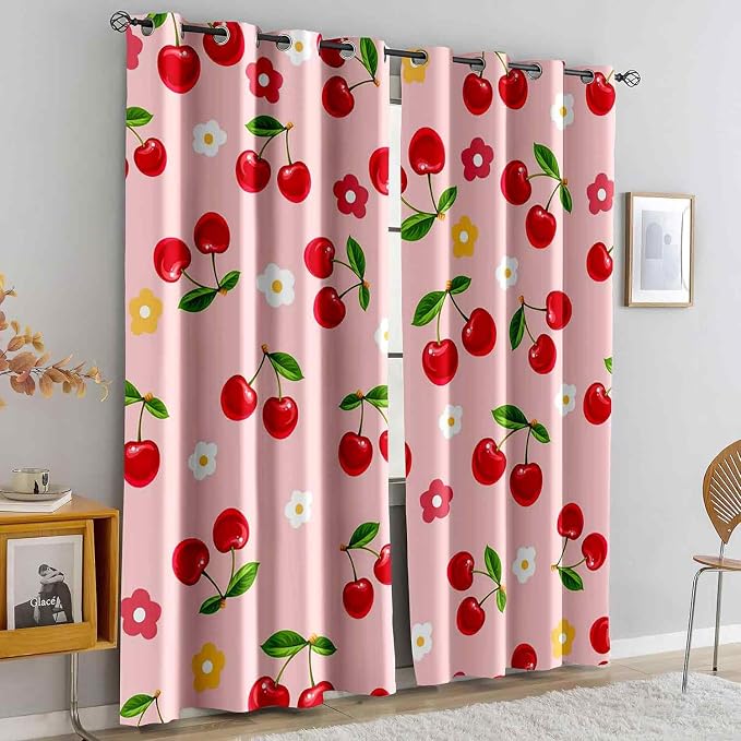 LUVIVIHOME Cherry Curtains, Cute Blackout Curtains, Girly Kids Girls Bedroom Decor, Pink Curtains for Living Room, Grommet Window Drapes 2 Panel Sets, 52x84 Inch