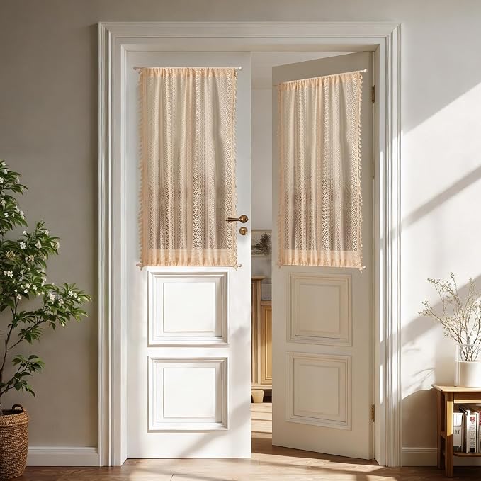 Sutuo Home Beige Door Curtains for Doorway Glass & Sidelights, Vintage Chic Privacy Print Drapes French Country Handmade Tassels Xmas Boho Curtains for Front Door, Rod Pocket 2 Panels 25" W x 40" L