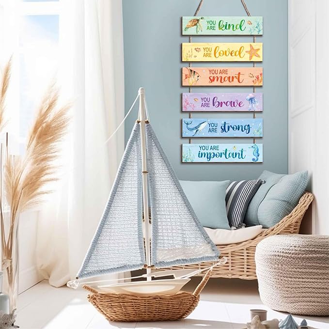 6 Pcs Ocean Decor Kids Room Placards of Wood Decor, Watercolor Ocean Inspirational Positive Quotes Wall Art Hanging Sign for Kids Teens Children Bedroom Princess Toddler Room Nursery Dorm