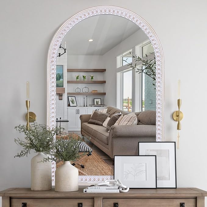 36x24 Inch Arched Mirror for Wall Decor, Wooden Arched Bathroom Mirrors | Subtle Bead Look Border Brings Boho Warmth to Powder Rooms, Bedrooms, Living Areas, Apartments, Entryway, and Cozy Halls