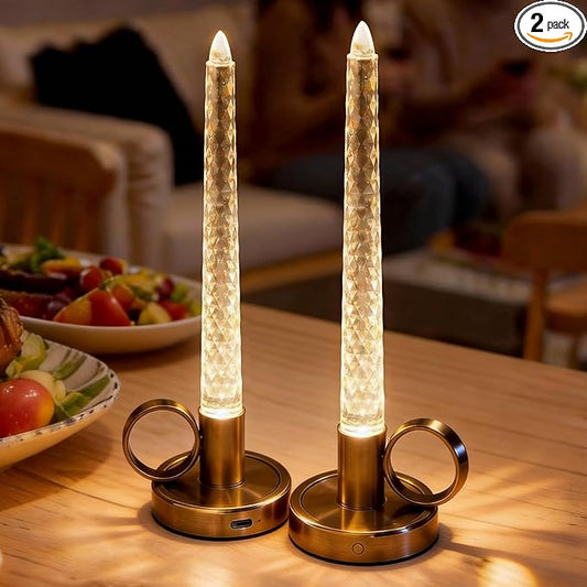 JandCase Flameless Candles, Rechargeable Pillar Candles Battery Operated 2 Pack, LED Acrylic Crystal Electric Candles, Dimmable Small Cordless Table Lamp for Valentines Wedding Centerpiece Decorations