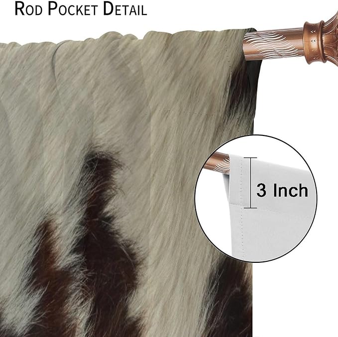 Cow Print Blackout Curtain,Animal Fur Skin Brown White Cowhide Western Rustic Farmhouse Window Treatments Rod Pocket Curtain for Bedroom Living Room Kitchen Decor Drapes 42x63in