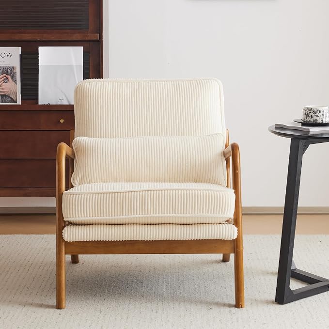Karl home Mid-Century Modern Accent Chair, Living Room Chairs with Pillow Corduroy Upholstered Lounge Armchair with Solid Wood Frame & Soft Cushion for Bedroom, Reading Room, Beige