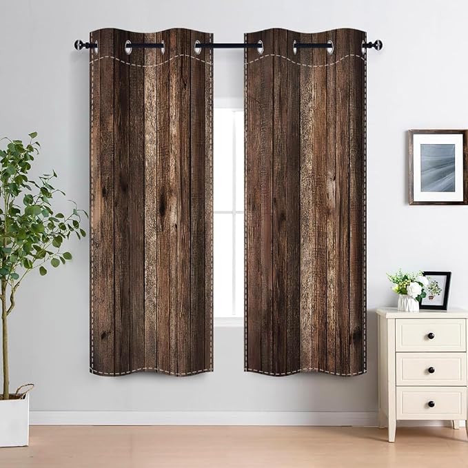 Rustic Old Brown Window Curtains Vintage Wood Barn Door Curtains Retro Wood Planks American Rustic Rural Garage Door Drapes Door Native Farmhouse Decor Window Treatments,26x63 inch,2 Panels