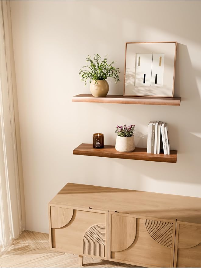BATODA 24" Wooden Live Edge Floating Shelves for Wall, Book Shelf Set of 2 | Acacia Wood, 100 Lbs Capacity, Wall Mounted, Hidden Steel Brackets, Hardware Included, Used for Bathroom, Bedroom, Kitchen